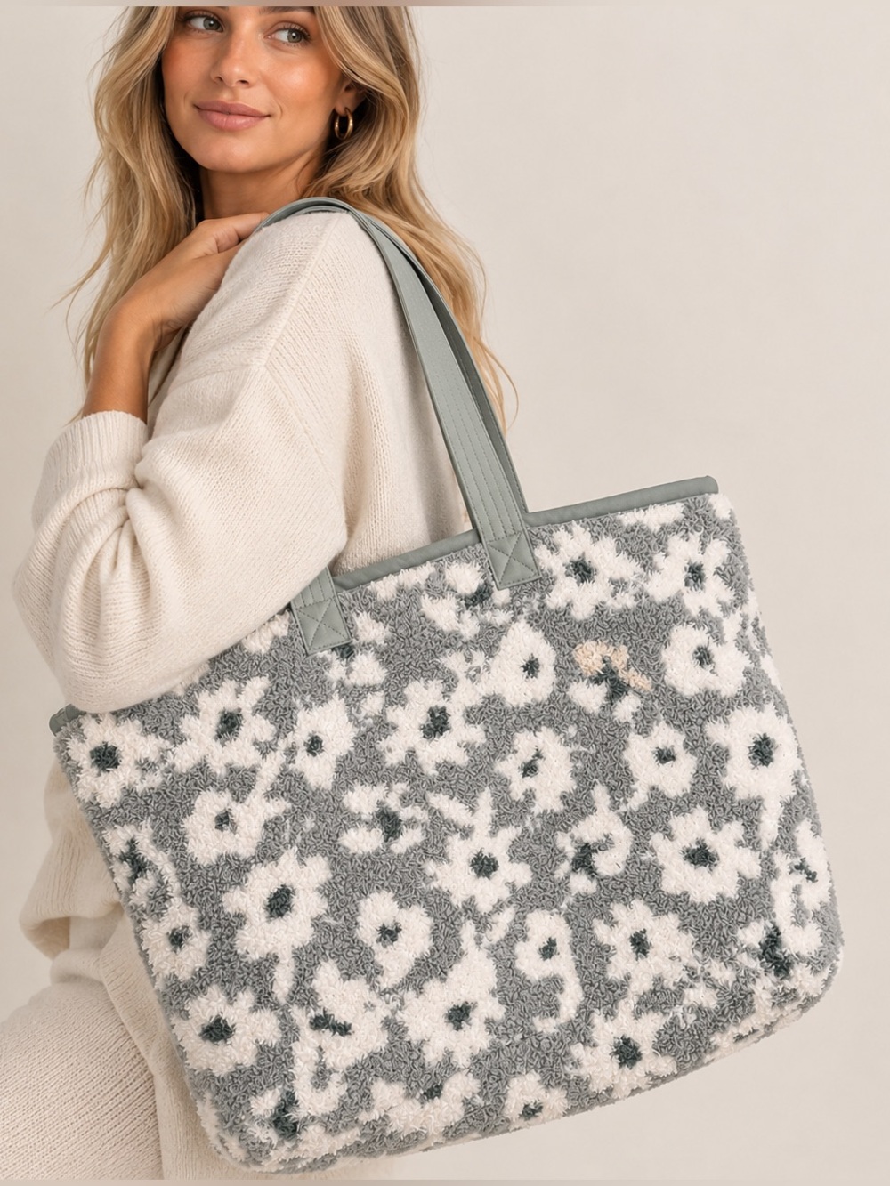 Barefoot Dreams CozyChic Floral Tote Bag Gray Cream Oversized Shoulder Bag